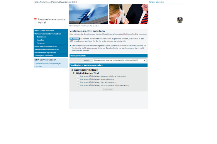 © Unternehmensservice Portal Unter "Digital Service Tirol" werden im USP verschiedene Verfahrensrechte angeboten.