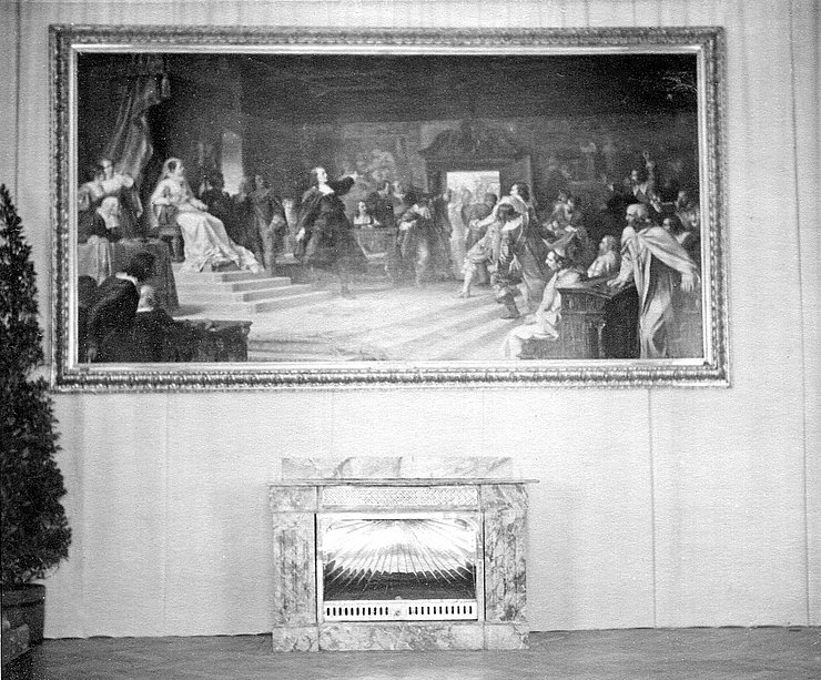 © Archiv für Bau.Kunst.Geschichte, Nachlass Stigler Das Historiengemälde von Karl Anrather als Ausschmückung der Räumlichkeiten Adolf Hitlers im Hotel Tyrol im April 1938