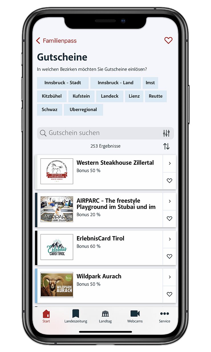 Mit Klick auf das Herz-Symbol können Gutschein-Favoriten gespeichert werden, um sich diese vorzumerken und beim Vorteilsgeber vor Ort noch rascher zur Hand zu haben.