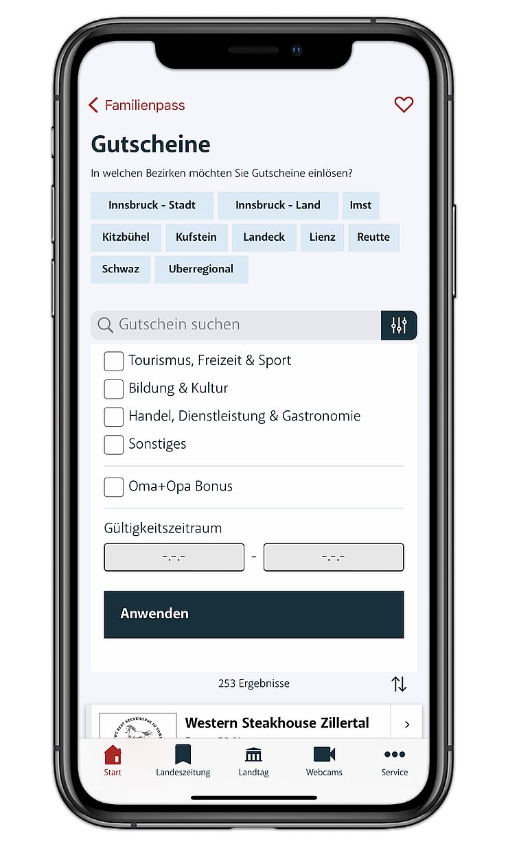 Die Filterfunktion der Gutscheine ermöglicht neben Eingrenzung nach Bezirken auch eine auf die eigenen Präferenzen ausgerichtete Suche nach Gültigkeitszeitraum, Branche und Gewährung des "Oma+Opa-Bonus".
