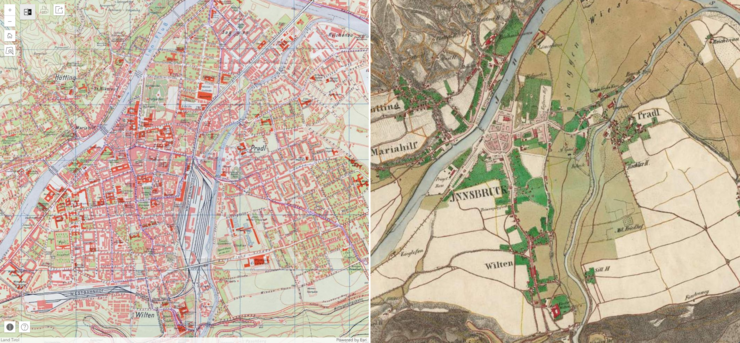 Zwei historische Karten von Tirol sind nebeneinander zu sehen.