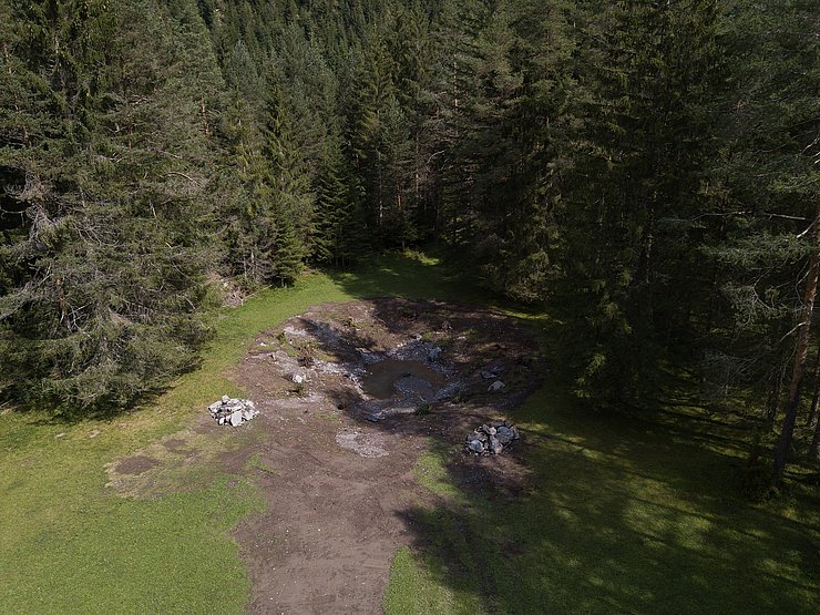 Ein ca. 200m² großer Tümpel für Amphibien wurde angelegt. (Anmerkung: Das Foto wurde zu einem Zeitpunkt gemacht wo der Grundwasserspiegel des Lechs sehr tief war – Hitzewelle Sommer 2018)
