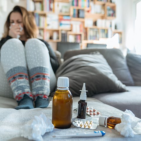 Sick,Woman,With,Flu,,Cold,,Fever,And,Cough,Sitting,On