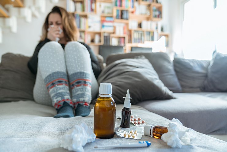 Sick,Woman,With,Flu,,Cold,,Fever,And,Cough,Sitting,On