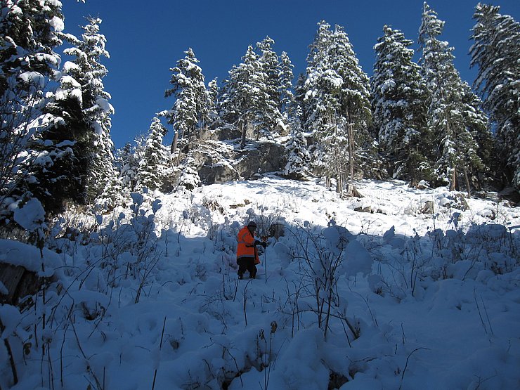 Vermessungstechniker mit Reflektor (Rundprisma) im Gelände