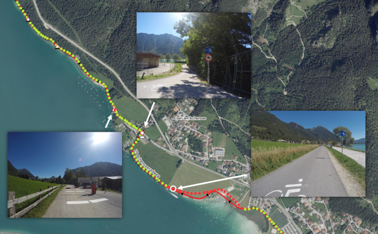 © Land Tirol/Abt. Geoinformation Graphik: Aufbereitung in der kartographischen Software QGIS (Screenshot mit Beispielaufnahmen vom 29_Achenseeradweg: Foto mit Beschilderung, Beispiel Fahrverbot, Beispiel Hindernis)