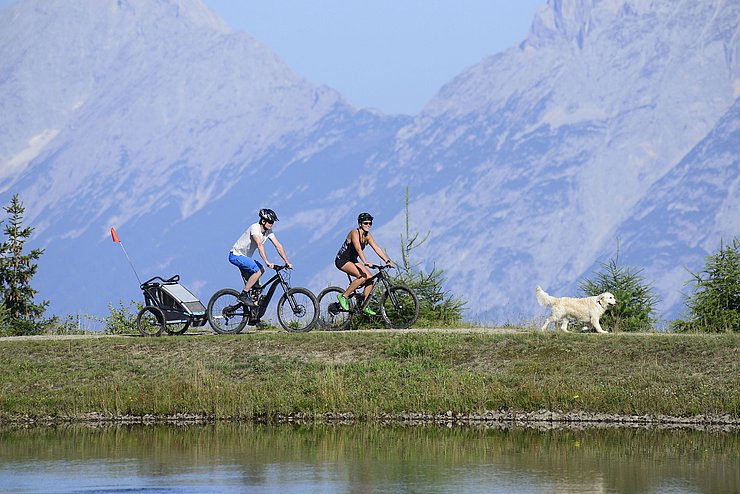 Zwei Radfahrer fahren mit Hund und Anhänger auf einem Radweg