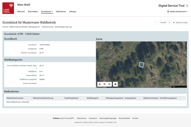Menüpunkt Grundstücksdetails des Services Mein Wald mit Darstellung der Informationen Grundbuch, Waldkategorie, Maßnahmen sowie der Lagekarte eines Grundstücks