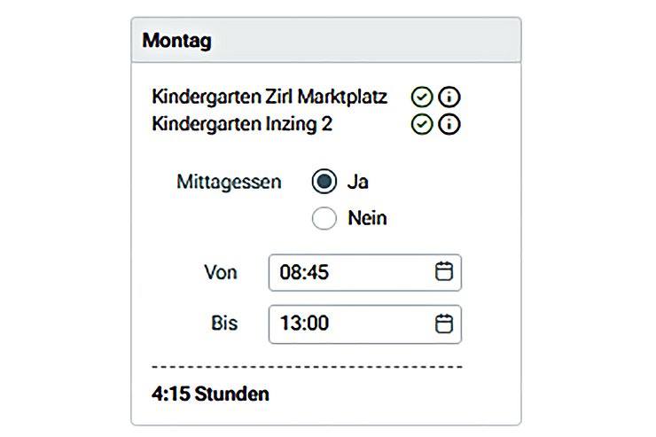 © Land Tirol Nach Auswahl einer Einrichtung werden die Betreuungszeiten und der Bedarf an Mittagessen angegeben.