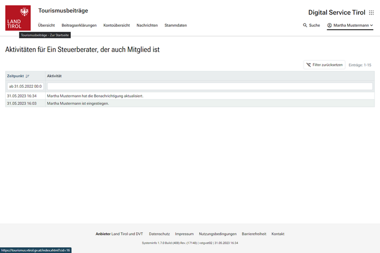 © Land Tirol Das Mitglied kann ein Aktivitätsprotokoll aufrufen. Das Aktivitätsprotokoll kann über Klick auf den Namen des/der angemeldeten BenutzerIn rechts oben aufgerufen werden. Es werden alle Aktivitäten der letzten 3 Jahre aufgeführt.