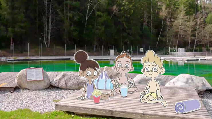 © TBI-Medienzentrum Animationsfilm "Die 10 Baderegeln": Drei Kinder sitzen auf einer Bank und essen. Hinter ihnen ist ein See zu sehen