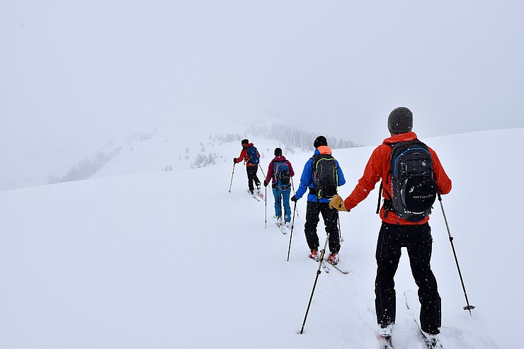 Mehrere Personen mit Ski auf Berg