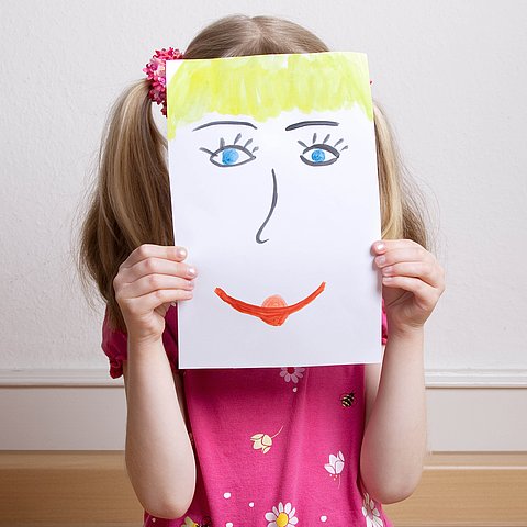 Little,Blonde,Girls,Holding,Happy,Face,Mask