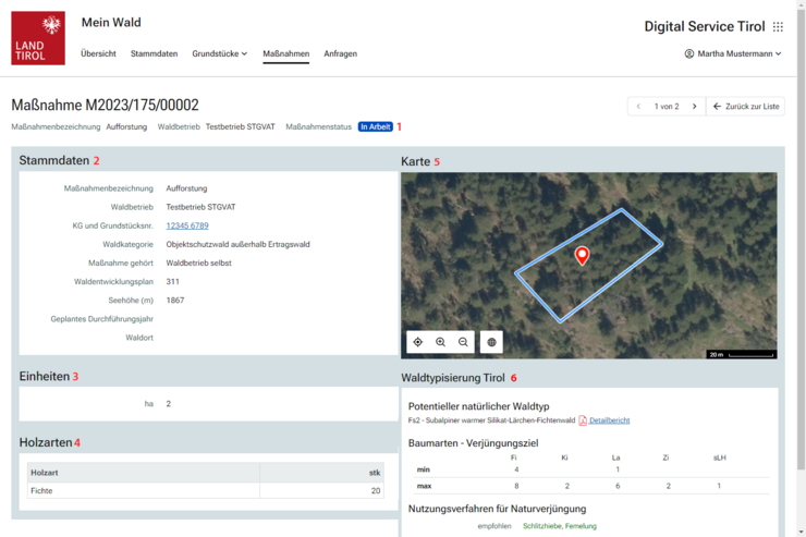Menüpunkt Maßnahme des Services Mein Wald mit Darstellung der Details einer Maßnahme mit Stammdaten, Einheiten, Holzarten, Waldtypisierung und einer Lagekarte des betroffenen Grundstücks.