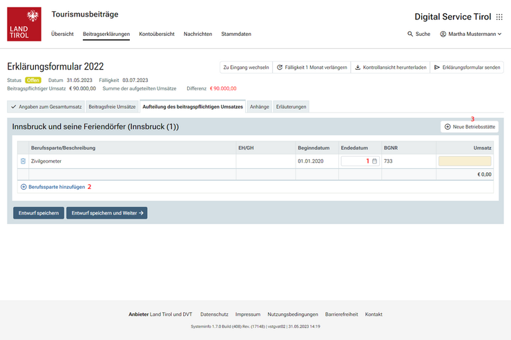 © Land Tirol Im Reiter "Aufteilung des beitragspflichtigen Umsatzes" ist der beitragspflichtige Umsatz auf die einzelnen Tourismusverbände, in denen eine Mitgliedschaft besteht, aufzuteilen. Es können außerdem Mitgliedschaften für beendet erklärt oder neue Mitgliedschaften in Tourismusverbänden begründet werden.